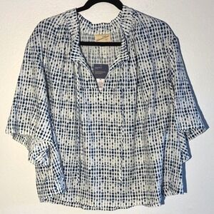 Universal Thread Navy White Ikat Linen Blend Tie Neck Blouse XL NWT